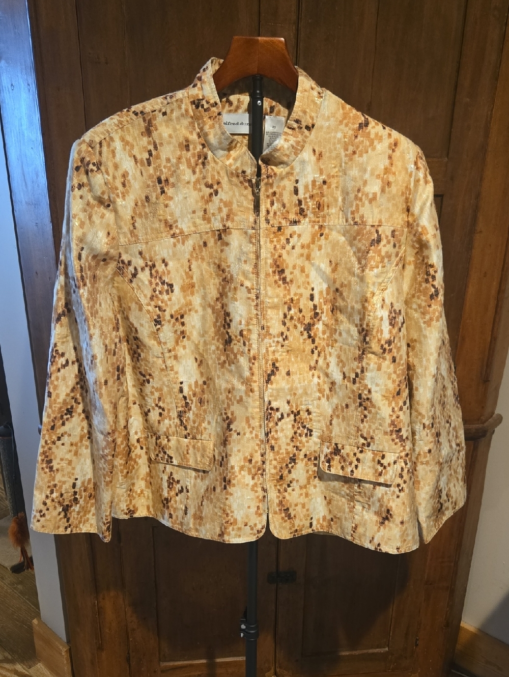 Alfred Dunner Cream and Brown Mosaic-Print Zip Jacket